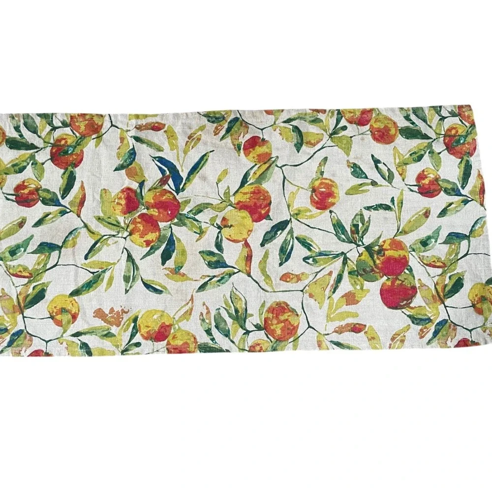 World Market Table Runner 100% Linen Green Orange Fruit Peaches‎ Vibrant 16 x 90